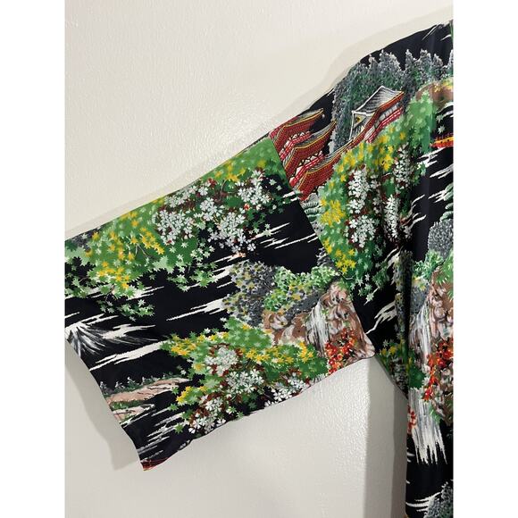 Japanese Made Washable Rayon Kimono L Artsy Maximalist Travel Scenic Boho Ukiyoe - Picture 4 of 12